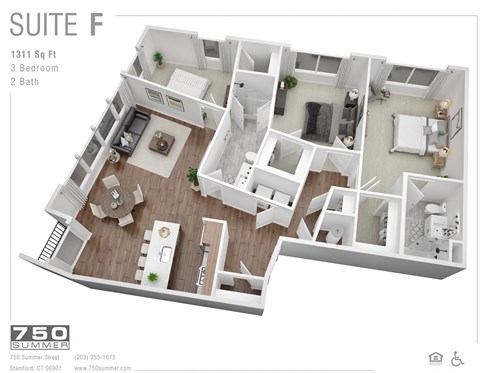 Floor plan for 3 beds, 3 baths, 1311 sqft